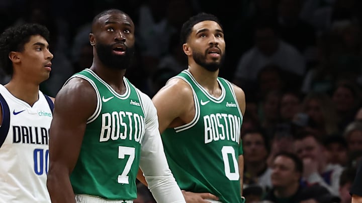 Mar 6, 2026; Boston, Massachusetts, USA; Boston Celtics guard Jaylen Brown (7) and forward Jayson Tatum (0) watch the Jumbotron during the second quarter against the Dallas Mavericks at TD Garden. Mandatory Credit: Winslow Townson-Imagn Images
