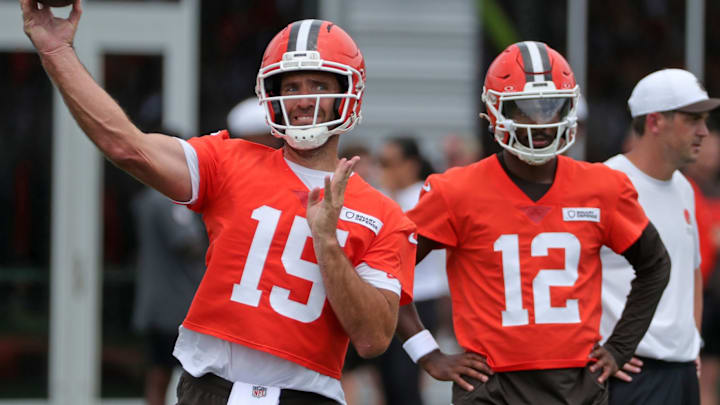 Joe Flacco throws as Shedeur Sanders looks on during Browns training camp July 25, 2025, in Berea, Ohio.