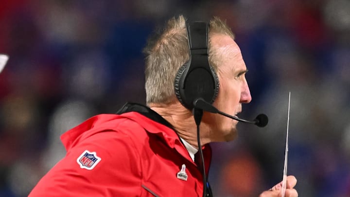 Nov 17, 2024; Orchard Park, New York, USA; Kansas City Chiefs defensive coordinator Steve Spagnuolo on the sidelines in the fourth quarter against the Buffalo Bills at Highmark Stadium. Mandatory Credit: Mark Konezny-Imagn Images