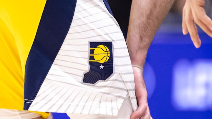 Mar 1, 2024; New Orleans, Louisiana, USA;  Detailed view of the Indiana Pacers logo on a free throw attempt by the New Orleans Pelicans during the second half at Smoothie King Center. Mandatory Credit: Stephen Lew-Imagn Images