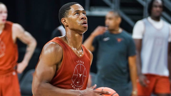 Jayson Kent lays the ball in the basket during a practice session that was held at the Moody Center for the local media. Sports writers got their first glimpse of the 2024-25 team at this event.