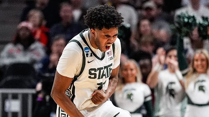 Michigan State guard Jase Richardson (11) celebrates a three point basket against Ole Miss during the first half of the Sweet 16 round of NCAA tournament at State Farm Arena in Atlanta, Ga. on Friday, March 28, 2025. Michigan State guard Jase Richardson (11) celebrates a three point basket against Ole Miss during the first half of the Sweet 16 round of NCAA tournament at State Farm Arena in Atlanta, Ga. on Friday, March 28, 2025.