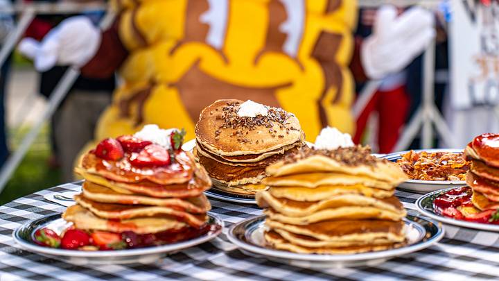Stacks of extravagant pancakes on display at the Williamsburg Pancake Festival. Stacks of extravagant pancakes on display at the Williamsburg Pancake Festival.