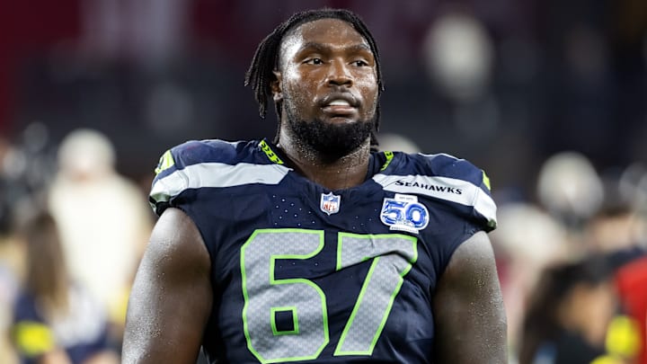 Sep 25, 2025; Glendale, Arizona, USA; Seattle Seahawks tackle Charles Cross (67) against the Arizona Cardinals at State Farm Stadium. 