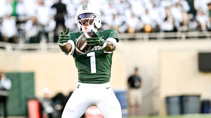 Michigan State's Omari Kelly celebrates after a catch against Western Michigan during the second quarter on Friday, Aug. 29, 2025, in East Lansing.