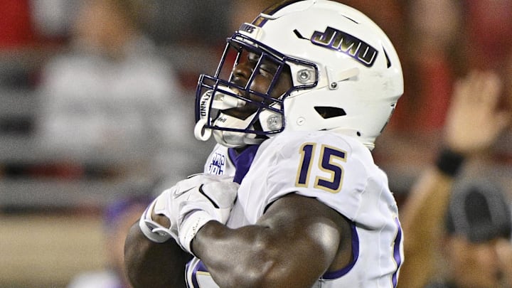 Sep 5, 2025; Louisville, Kentucky, USA;  James Madison Dukes defensive end Sahir West (15) reacts during the second half against the Louisville Cardinals at L&N Federal Credit Union Stadium. Mandatory Credit: Jamie Rhodes-Imagn Images