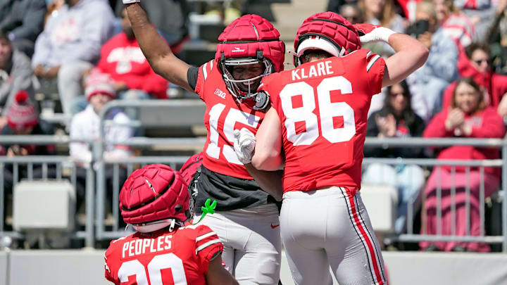 Ohio State Buckeye Scarlet Max Klare (86) celebrates a touchdown catch with Jelani Thurman (15) against team Gary in the 1st half during the spring game at Ohio Stadium on April 12, 2025.