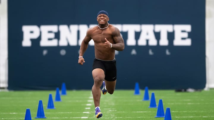 Kobe King runs the 40-yard dash during Penn State's Pro Day in Holuba Hall on March 28, 2025, in State College. Kobe King runs the 40-yard dash during Penn State's Pro Day in Holuba Hall on March 28, 2025, in State College.
