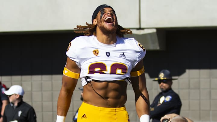 Nov 25, 2022; Tucson, Arizona, USA; Arizona State Sun Devils linebacker James Djonkam (66) reacts against the Arizona Wildcats during the Territorial Cup at Arizona Stadium. Mandatory Credit: Mark J. Rebilas-Imagn Images