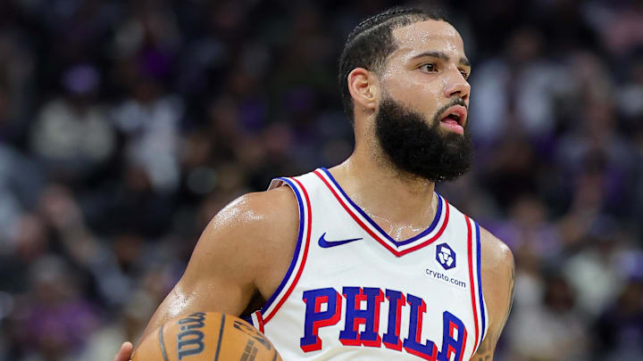 Jan 1, 2025; Sacramento, California, USA; Philadelphia 76ers forward Caleb Martin (16) during the game against the Sacramento Kings at Golden 1 Center. Mandatory Credit: Sergio Estrada-Imagn Images