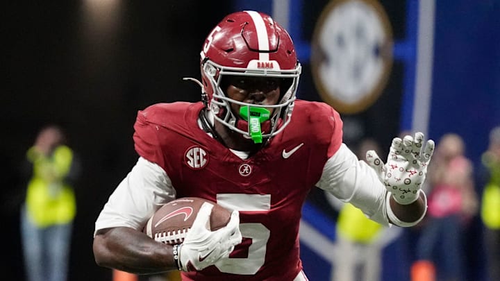 Dec 6, 2025; Atlanta, GA, USA; Alabama wide receiver Germie Bernard (5) runs with the ball after making a catch during the game with Georgia at Mercedes-Benz Stadium. Mandatory Credit: Gary Cosby Jr.-Tuscaloosa News Dec 6, 2025; Atlanta, GA, USA; Alabama wide receiver Germie Bernard (5) runs with the ball after making a catch during the game with Georgia at Mercedes-Benz Stadium. Mandatory Credit: Gary Cosby Jr.-Tuscaloosa News
