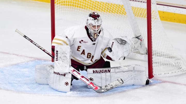 Louka Cloutier makes a save on Nov. 21. 2025 at Conte Forum. Louka Cloutier makes a save on Nov. 21. 2025 at Conte Forum.