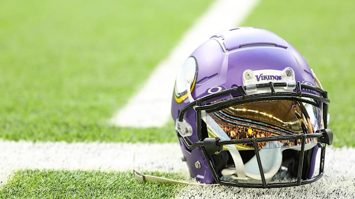 Oct 20, 2024; Minneapolis, Minnesota, USA; A detailed view of Minnesota Vikings wide receiver Justin Jefferson's (18) helmet before the game against the Detroit Lions at U.S. Bank Stadium. Mandatory Credit: Matt Krohn-Imagn Images
