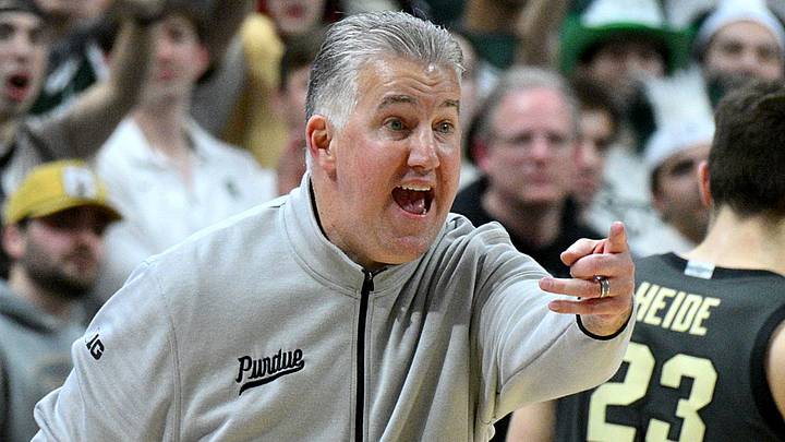Purdue Boilermakers head coach Matt Painter talks to a player. Purdue Boilermakers head coach Matt Painter talks to a player.