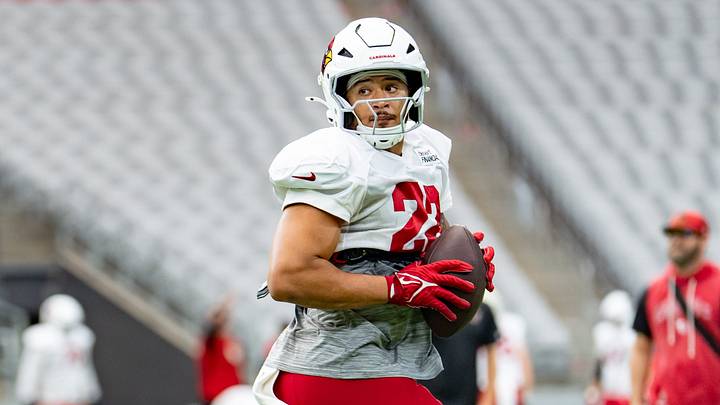 Arizona Cardinals Tyler Allgeier (22) runs through drills during training camp at State Farm Stadium in Glendale on Aug. 11, 2026. Arizona Cardinals Tyler Allgeier (22) runs through drills during training camp at State Farm Stadium in Glendale on Aug. 11, 2026.