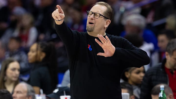 Jan 14, 2025; Philadelphia, Pennsylvania, USA; Philadelphia 76ers head coach Nick Nurse reacts during the third quarter against the Oklahoma City Thunder at Wells Fargo Center. Mandatory Credit: Bill Streicher-Imagn Images
