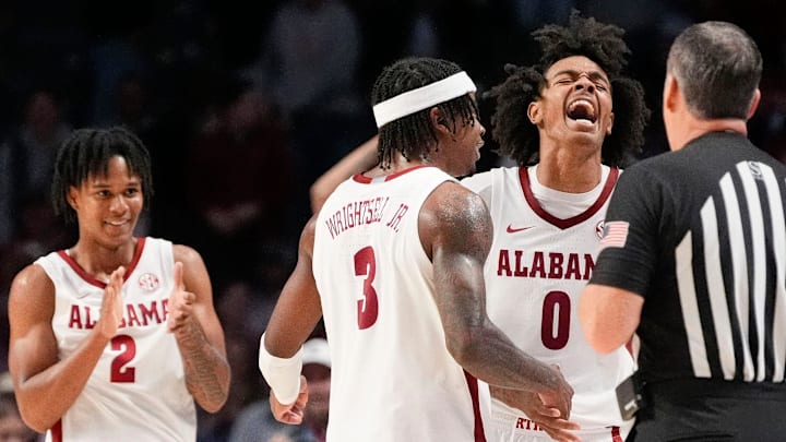 Nov 20, 2024; Birmingham, AL, USA; Alabama guard Latrell Wrightsell Jr. (3) and Alabama guard Labaron Philon (0) celebrate as times runs out in the CM Newton Classic at Legacy Arena. Alabama defeated Illinois 100-87. Mandatory Credit: Gary Cosby Jr.-Tuscaloosa News