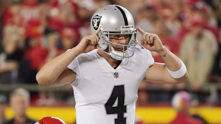 Oct 10, 2022; Kansas City, Missouri, USA; Las Vegas Raiders quarterback Derek Carr (4) calls a play