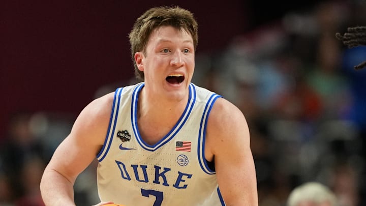 Apr 5, 2025; San Antonio, TX, USA; Duke Blue Devils guard Kon Knueppel (7) controls the ball against the Houston Cougars during the first half in the semifinals of the men's Final Four of the 2025 NCAA Tournament at the Alamodome. Mandatory Credit: Bob Donnan-Imagn Images