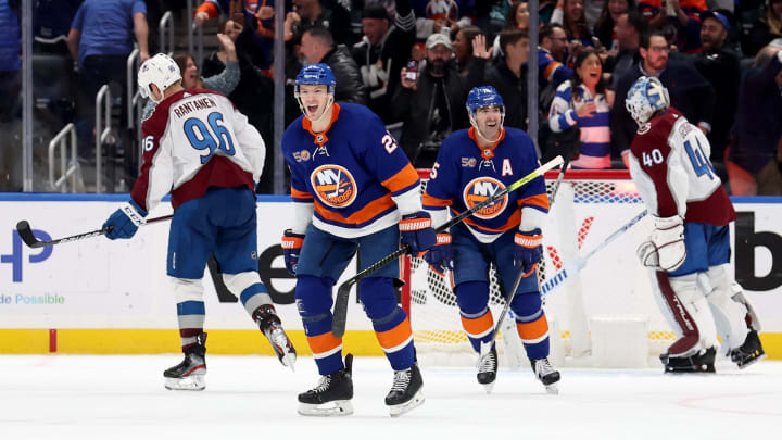 Oct 29, 2022; Elmont, New York, USA; New York Islanders defenseman Scott Mayfield (24) celebrates Oct 29, 2022; Elmont, New York, USA; New York Islanders defenseman Scott Mayfield (24) celebrates