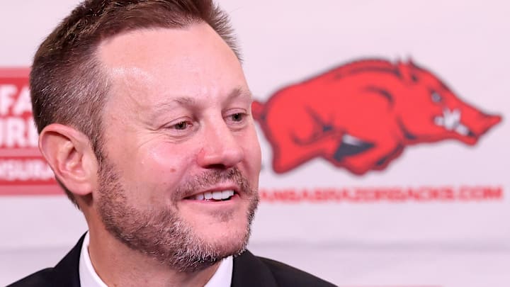 Arkansas Razorbacks coach Ryan Silverfield during his introductory press conference at Frank Broyles Center in Fayetteville, Ark.