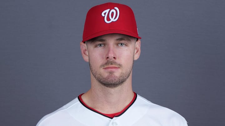 Feb 20, 2026; Palm Beach County, FL, USA;  Washington Nationals pitcher Jake Eder (46) poses for a portrait during photo day at CACTI Park of the Palm Beaches. Mandatory Credit: Jim Rassol-Imagn Images