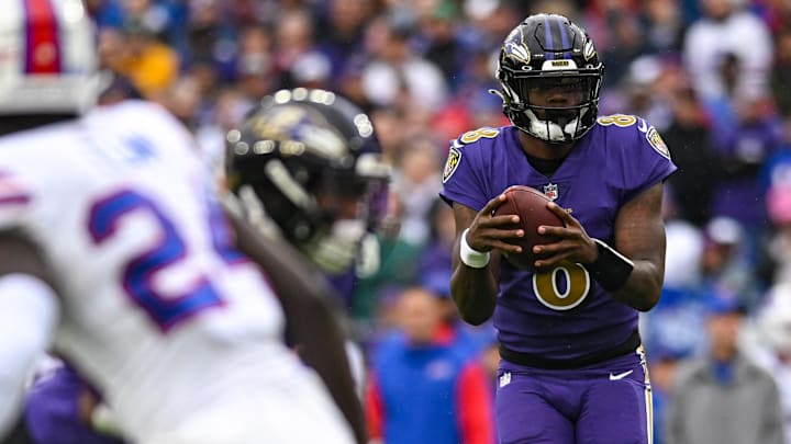 Oct 2, 2022; Baltimore, Maryland, USA; Baltimore Ravens quarterback Lamar Jackson (8) drops pack to pass during the first half against the Buffalo Bills at M&T Bank Stadium. Mandatory Credit: Tommy Gilligan-Imagn Images Oct 2, 2022; Baltimore, Maryland, USA; Baltimore Ravens quarterback Lamar Jackson (8) drops pack to pass during the first half against the Buffalo Bills at M&T Bank Stadium. Mandatory Credit: Tommy Gilligan-Imagn Images