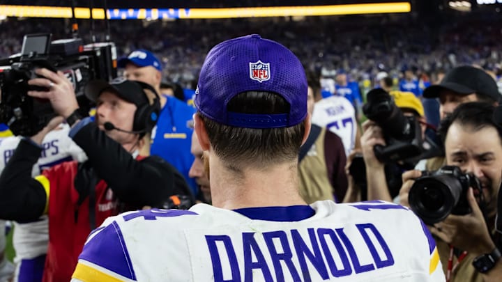 Jan 13, 2025; Glendale, AZ, USA; Detailed view of the jersey of Minnesota Vikings quarterback Sam Darnold (14) against the Los Angeles Rams during an NFC wild card game at State Farm Stadium. Mandatory Credit: Mark J. Rebilas-Imagn Images