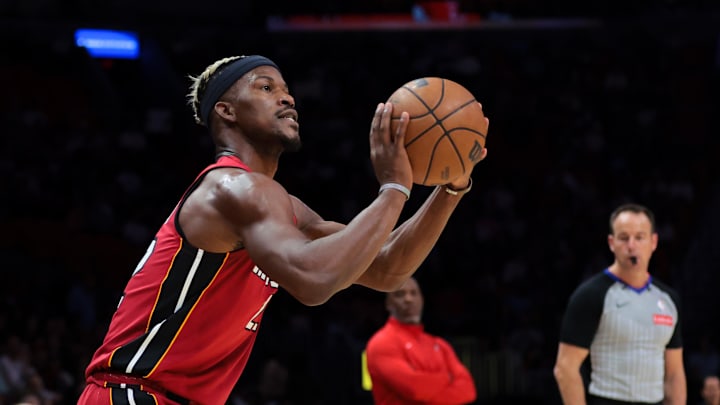 Jan 21, 2025; Miami, Florida, USA; Miami Heat forward Jimmy Butler (22) shoots the basketball against the Portland Trail Blazers during the first quarter at Kaseya Center. Mandatory Credit: Sam Navarro-Imagn Images