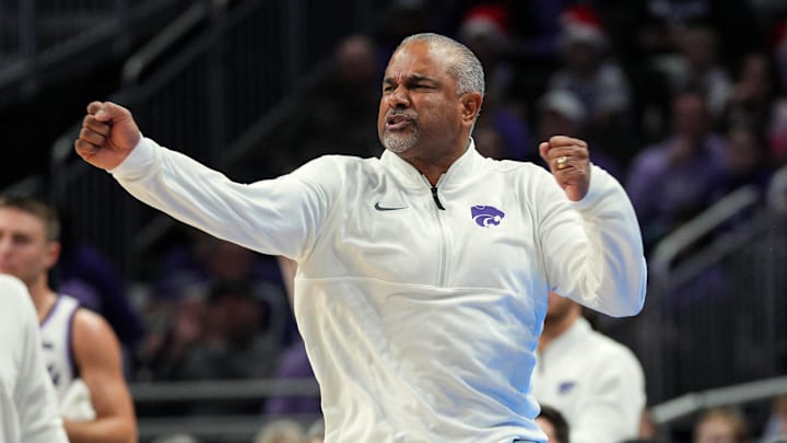 Dec 17, 2024; Kansas City, Missouri, USA; Kansas State Wildcats head coach Jerome Tang reacts during the second half against the Drake Bulldogs at T-Mobile Center. Mandatory Credit: Jay Biggerstaff-Imagn Images Dec 17, 2024; Kansas City, Missouri, USA; Kansas State Wildcats head coach Jerome Tang reacts during the second half against the Drake Bulldogs at T-Mobile Center. Mandatory Credit: Jay Biggerstaff-Imagn Images