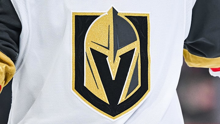 Nov 23, 2024; Montreal, Quebec, CAN; View of a Las Vegas Golden Knights logo on a jersey worn by a member of the team during the second period at Bell Centre. Mandatory Credit: David Kirouac-Imagn Images