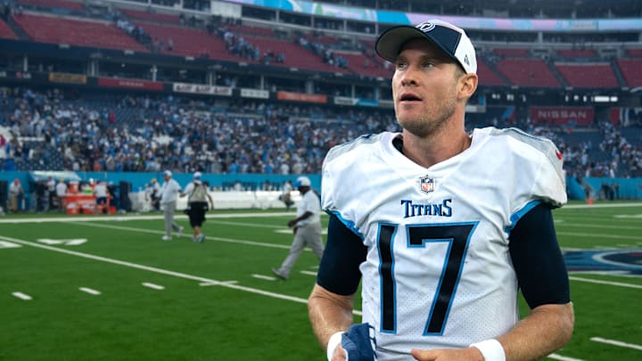 Tennessee Titans quarterback Ryan Tannehill (17) heads to the locker room after beating the Chargers