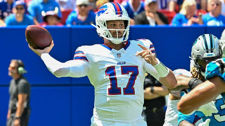 Buffalo Bills quarterback Josh Allen throws a pass in the first quarter against the Carolina Panthers. Buffalo Bills quarterback Josh Allen throws a pass in the first quarter against the Carolina Panthers.