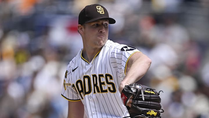 Apr 1, 2026; San Diego, California, USA; San Diego Padres starting pitcher Nick Pivetta (27) delivers during the first inning against the San Francisco Giants at Petco Park. Mandatory Credit: Denis Poroy-Imagn Images