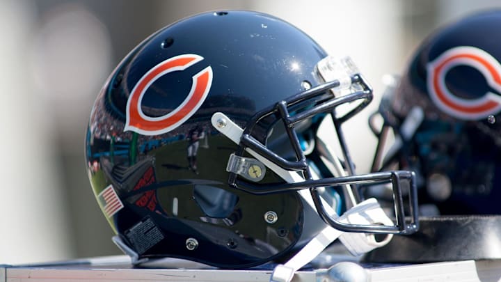Oct 5, 2014; Charlotte, NC, USA; A Chicago Bears helmet lays on the bench during the second quarter against the Carolina Panthers at Bank of America Stadium. Mandatory Credit: Jeremy Brevard-Imagn Images