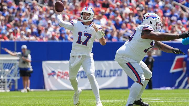 Buffalo Bills quarterback Josh Allen (17) throws the ball aginst the Carolina Panthers during the first half at New Highmark Stadium. Mandatory Credit: Gregory Fisher-Imagn Images Buffalo Bills quarterback Josh Allen (17) throws the ball aginst the Carolina Panthers during the first half at New Highmark Stadium. Mandatory Credit: Gregory Fisher-Imagn Images
