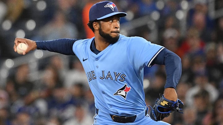 Apr 20, 2025; Toronto, Ontario, CAN;  Toronto Blue Jays relief pitcher Dillon Tate (9) delivers a pitch against the Seattle Mariners in the seventh inning at Rogers Centre
