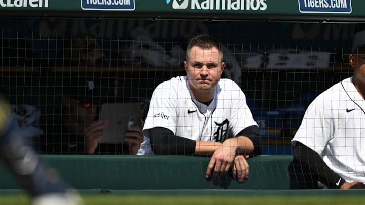 Apr 23, 2026; Detroit, Michigan, USA;  Detroit Tigers starting pitcher Tarik Skubal (29) watches from the dugout steps after being pulled from the game against the Milwaukee Brewers in the seventh inning at Comerica Park. Mandatory Credit: Lon Horwedel-Imagn Images