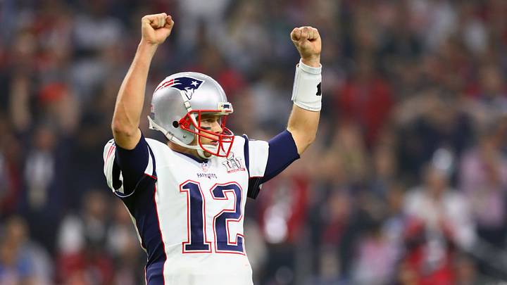 Former New England Patriots quarterback Tom Brady celebrates after a score against the Atlanta Falcons. Former New England Patriots quarterback Tom Brady celebrates after a score against the Atlanta Falcons.