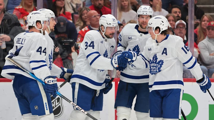 May 16, 2025; Sunrise, Florida, USA; Toronto Maple Leafs center Auston Matthews (34) celebrates with teammates after scoring against the Florida Panthers during the third period in game six of the second round of the 2025 Stanley Cup Playoffs at Amerant Bank Arena. Mandatory Credit: Sam Navarro-Imagn Images