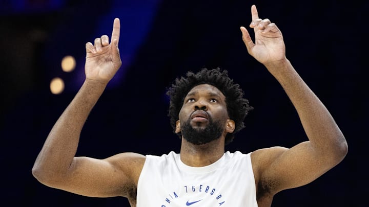 Dec 13, 2024; Philadelphia, Pennsylvania, USA; Philadelphia 76ers center Joel Embiid before action against the Indiana Pacers at Wells Fargo Center. Mandatory Credit: Bill Streicher-Imagn Images