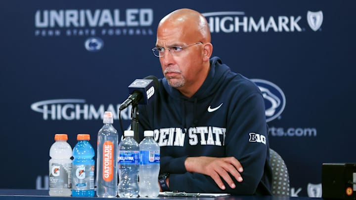 Oct 11, 2025; University Park, Pennsylvania, USA; Penn State Nittany Lions head coach James Franklin answers questions from the media following the game against the Northwestern Wildcats at Beaver Stadium. Mandatory Credit: Matthew O'Haren-Imagn Images