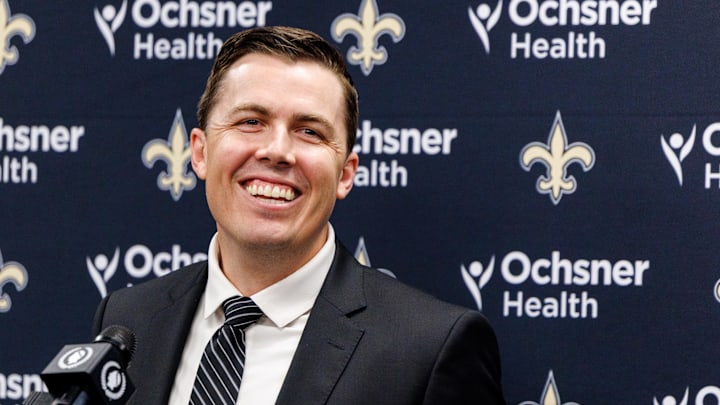 Feb 13, 2025; New Orleans, LA, USA;  New Orleans Saints introduce Kellen Moore as the head coach and he addresses the media at Ochsner Sports Performance Center. 