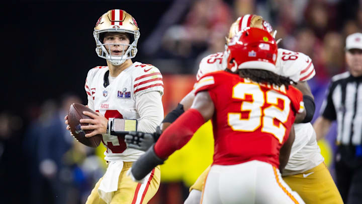 Feb 11, 2024; Paradise, Nevada, USA; San Francisco 49ers quarterback Brock Purdy (13) against the Kansas City Chiefs in Super Bowl LVIII at Allegiant Stadium. Mandatory Credit: Mark J. Rebilas-Imagn Images Feb 11, 2024; Paradise, Nevada, USA; San Francisco 49ers quarterback Brock Purdy (13) against the Kansas City Chiefs in Super Bowl LVIII at Allegiant Stadium. Mandatory Credit: Mark J. Rebilas-Imagn Images