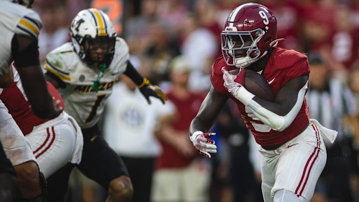 Oct 26, 2024; Tuscaloosa, Alabama, USA;  Alabama Crimson Tide running back Richard Young (9) runs the ball against the Missouri Tigers during the fourth quarter at Bryant-Denny Stadium. Mandatory Credit: Will McLelland-Imagn Images