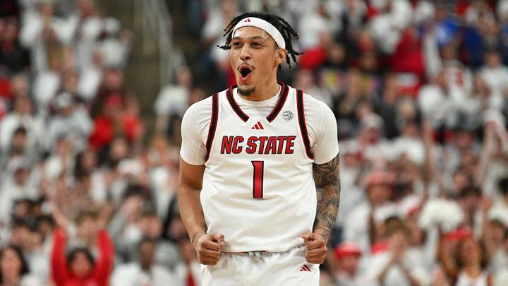Mar 2, 2026; Raleigh, North Carolina, USA; NC State Wolfpack forward Darrion Williams (1) reacts after scoring against the Duke Blue Devils during the first half at Lenovo Center. Mar 2, 2026; Raleigh, North Carolina, USA; NC State Wolfpack forward Darrion Williams (1) reacts after scoring against the Duke Blue Devils during the first half at Lenovo Center.