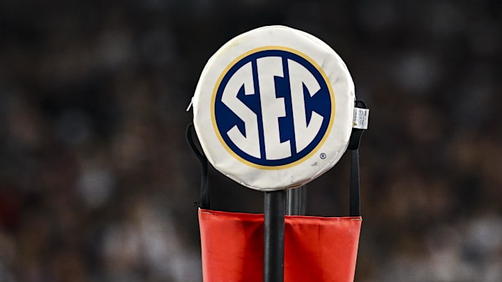 Nov 16, 2024; College Station, Texas, USA; A detail view of the SEC logo on a chain marker during the game between the Texas A&M Aggies and the New Mexico State Aggies at Kyle Field. Mandatory Credit: Maria Lysaker-Imagn Images 