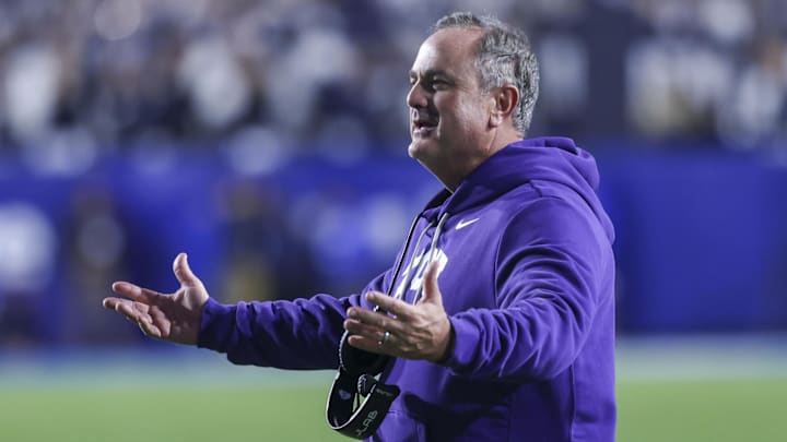 Nov 15, 2025; Provo, Utah, USA; Texas Christian University Horned Frogs head coach Sonny Dykes reacts to a call for the BYU Cougars during the second half at LaVell Edwards Stadium. Mandatory Credit: Rob Gray-Imagn Images