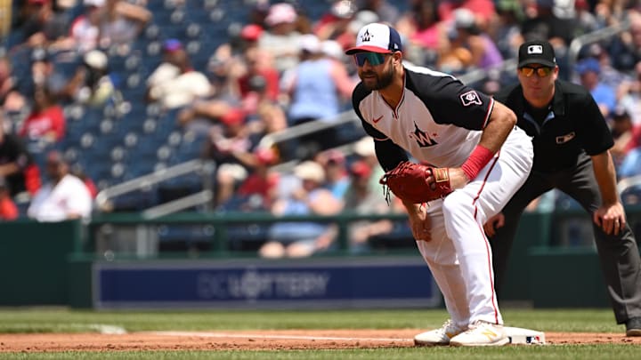 Washington, District of Columbia, USA; Washington Nationals first baseman Joey Gallo (24) waits for a throw to first base against the Seattle Mariners during the second inning at Nationals Park.
