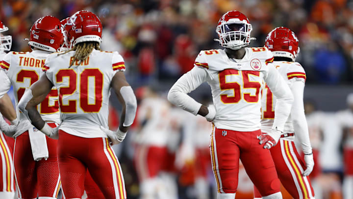 Dec 4, 2022; Cincinnati, Ohio, USA;  Kansas City Chiefs defensive end Frank Clark (55) watches as